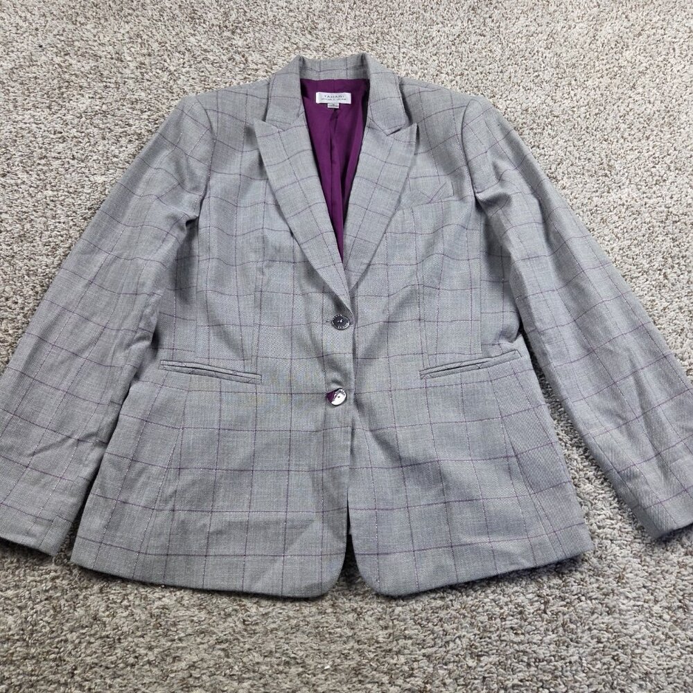 TAHARI Blazer Women’s 14 Gray Purple Single Plaid Breast Lined Career Work